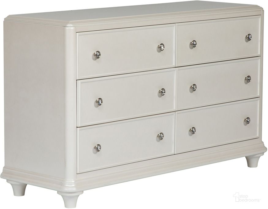 The appearance of Stardust Iridescent White 6 Drawer Dresser designed by Liberty in the modern / contemporary interior design. This white piece of furniture  was selected by 1StopBedrooms from Stardust Collection to add a touch of cosiness and style into your home. Sku: 710-BR30. Material: Wood. Product Type: Dresser. Image1