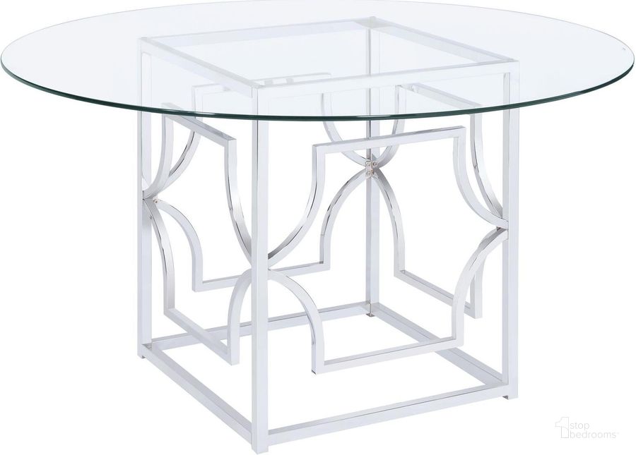 The appearance of Starlight Chrome 54 Inch Glass Top Dining Table designed by Coaster in the transitional interior design. This chrome piece of furniture  was selected by 1StopBedrooms from Starlight Collection to add a touch of cosiness and style into your home. Sku: 192561;CP54RD-10. Table Base Style: Pedestal. Table Top Shape: Round. Product Type: Dining Table. Size: 54". Image1