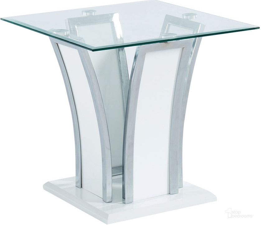 The appearance of Staten End Table In Glossy White and Chrome designed by Furniture of America in the modern / contemporary interior design. This white and chrome piece of furniture  was selected by 1StopBedrooms from Staten Collection to add a touch of cosiness and style into your home. Sku: CM4372WH-E-1;CM4372WH-E-2. Material: Metal. Product Type: End Table. Image1