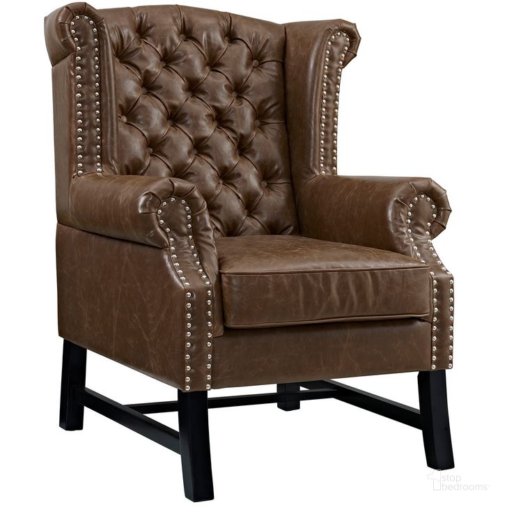 The appearance of Steer Upholstered Vinyl Armchair In Brown designed by Modway in the  interior design. This brown piece of furniture  was selected by 1StopBedrooms from Steer Collection to add a touch of cosiness and style into your home. Sku: EEI-2151-BRN. Material: Wood. Product Type: Living Room Chair. Image1