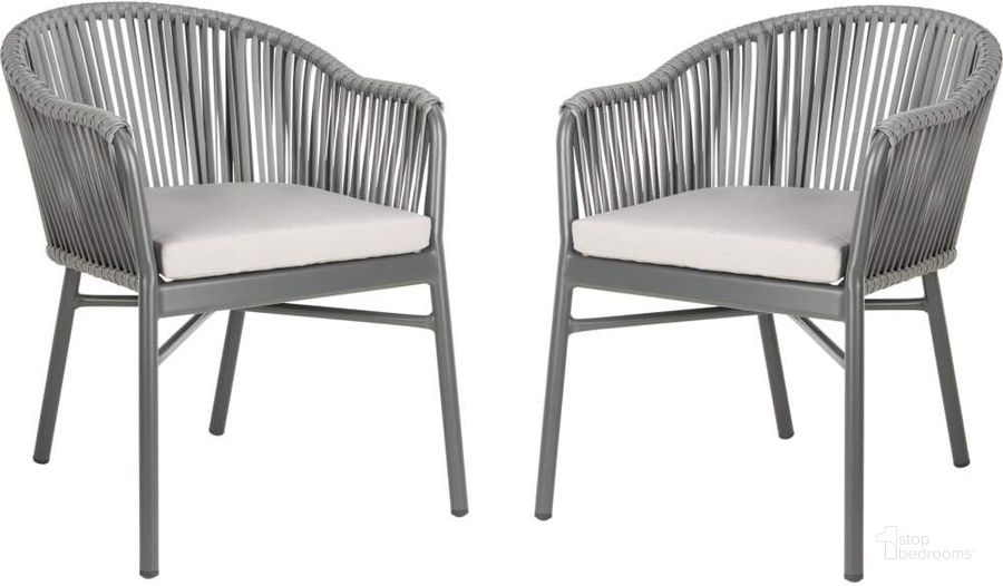 The appearance of Stefano Gray With Gray Cushion Stackable Rope Chair Set of 2 designed by Safavieh in the modern / contemporary interior design. This grey piece of furniture  was selected by 1StopBedrooms from Safavieh PAT Collection to add a touch of cosiness and style into your home. Sku: PAT4026A-SET2. Product Type: Chair. Material: Aluminium. Image1
