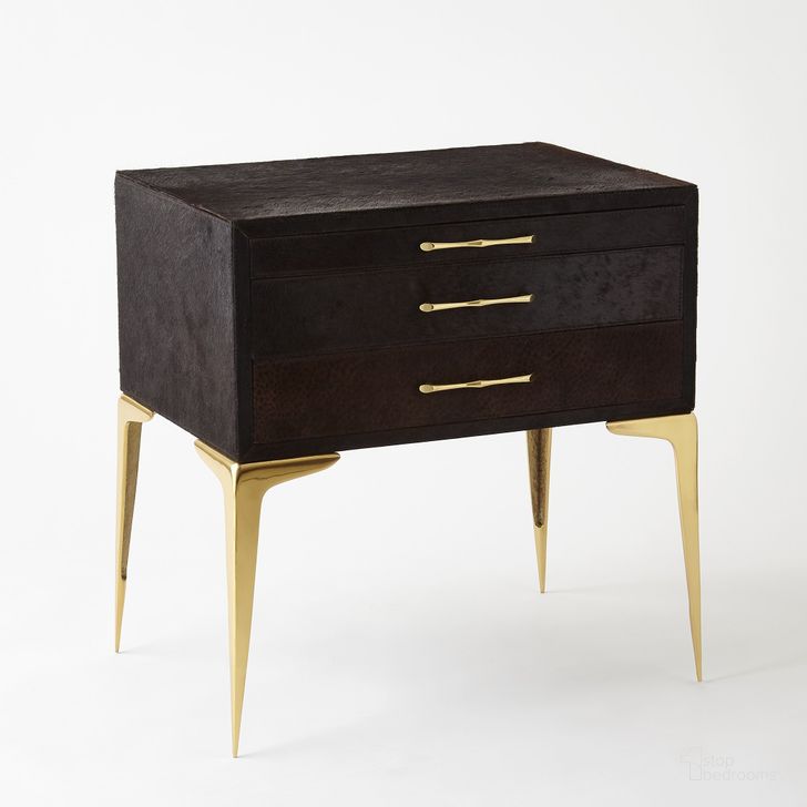The appearance of Stiletto Bedside Table In Black Hair On Hide designed by Global Views in the modern / contemporary interior design. This black piece of furniture  was selected by 1StopBedrooms from Stiletto Collection to add a touch of cosiness and style into your home. Sku: 9.92719. Product Type: Side Table. Material: Brass. Image1