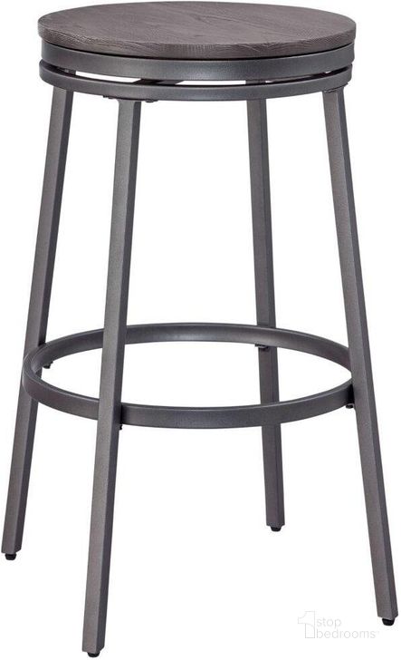 The appearance of Stockton Grey Oak Seat Backless Swivel Bar Stool designed by American Woodcrafters in the transitional interior design. This gray piece of furniture  was selected by 1StopBedrooms from Stockton Collection to add a touch of cosiness and style into your home. Sku: B1-120-30W. Material: Metal. Product Type: Barstool.