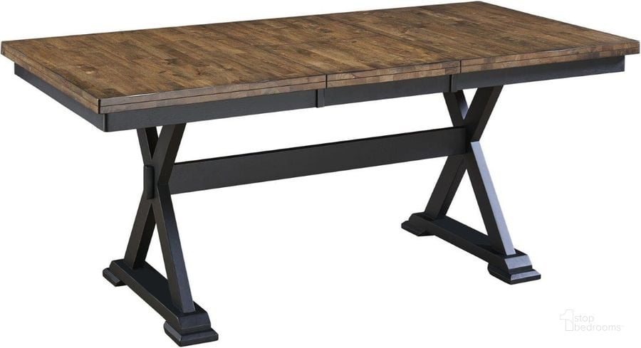 The appearance of Stone Creek Chickory and Slate Black Extendable Rectangular Trestle Dining Table designed by A-America in the transitional interior design. This black and brown piece of furniture  was selected by 1StopBedrooms from Stone Creek Collection to add a touch of cosiness and style into your home. Sku: STOBL630B;STOBL630T. Table Base Style: Trestle. Product Type: Dining Table. Table Top Shape: Rectangular. Material: Rubberwood. Image1
