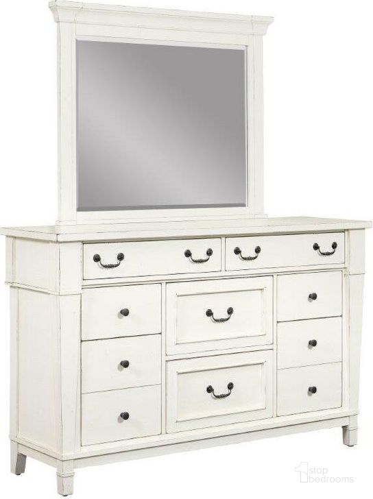 The appearance of Stoney Creek Mirror In Weathered White designed by Emerald Home Furnishings in the country / farmhouse interior design. This weathered white piece of furniture  was selected by 1StopBedrooms from Stoney Creek Collection to add a touch of cosiness and style into your home. Sku: 683-020. Material: Wood. Product Type: Mirror. Image1