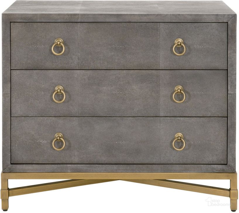 The appearance of Strand Gray Shagreen 3 Drawer Nightstand designed by Essentials For Living in the transitional interior design. This gray piece of furniture  was selected by 1StopBedrooms from Traditions Collection to add a touch of cosiness and style into your home. Sku: 6120.GRY-SHG/GLD. Material: Wood. Product Type: Nightstand. Image1