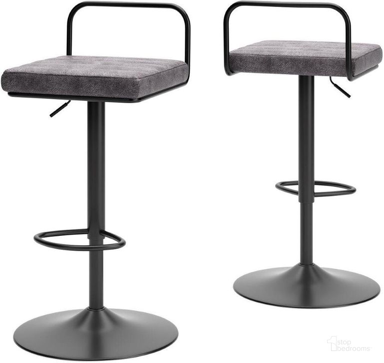 The appearance of Strumford Gray/Black Tall Swivel Barstool Set Of 2 designed by Signature Design by Ashley in the modern / contemporary interior design. This gray and black piece of furniture  was selected by 1StopBedrooms from Strumford Collection to add a touch of cosiness and style into your home. Sku: D119-230. Material: Metal. Product Type: Barstool. Image1
