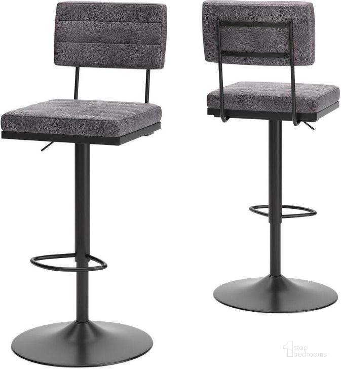 The appearance of Strumford Grey And Black Swivel Bar Stool Set Of 2 designed by Signature Design by Ashley in the modern / contemporary interior design. This gray and black piece of furniture  was selected by 1StopBedrooms from Strumford Collection to add a touch of cosiness and style into your home. Sku: D119-630. Material: Metal. Product Type: Barstool. Image1