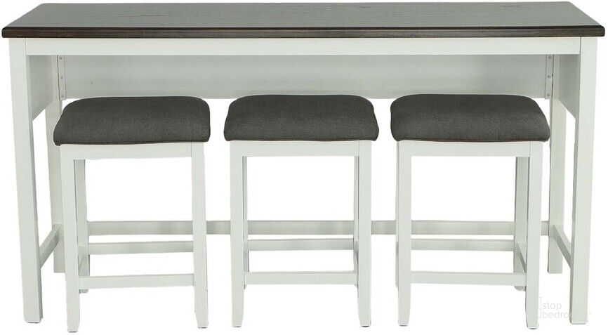 The appearance of Study Hall Counter Table With 3 Stools In White and Dark Gray designed by Progressive Furniture in the transitional interior design. This white and dark gray piece of furniture  was selected by 1StopBedrooms from Study Hall Collection to add a touch of cosiness and style into your home. Sku: A274-95W. Product Type: Dinette Set. Material: Rubberwood. Image1