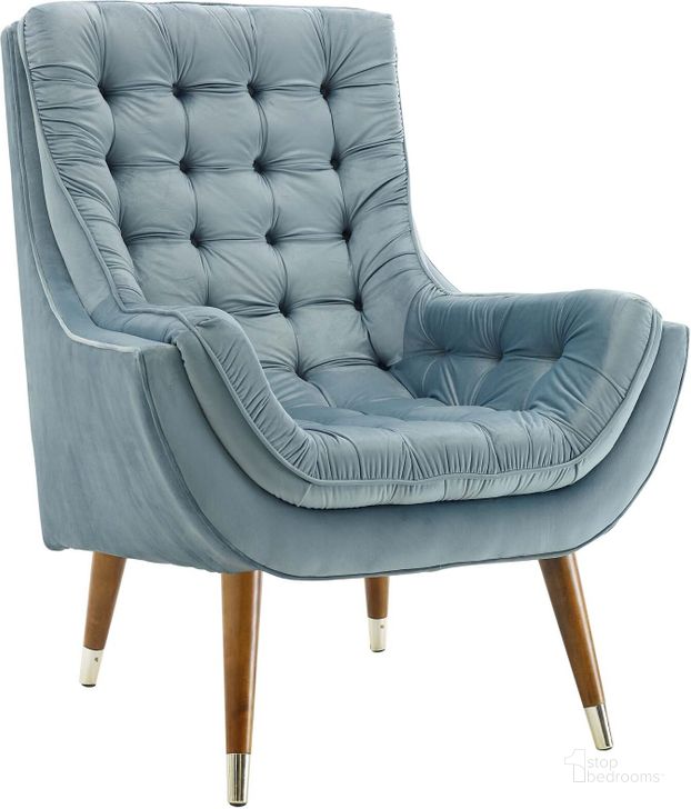 The appearance of Suggest Light Blue Button Tufted Performance Velvet Lounge Chair designed by Modway in the modern / contemporary interior design. This light blue piece of furniture  was selected by 1StopBedrooms from Suggest Collection to add a touch of cosiness and style into your home. Sku: EEI-3001-LBU. Material: Wood. Product Type: Living Room Chair. Image1