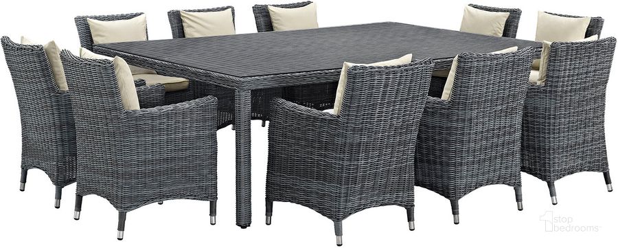 The appearance of Summon Antique Canvas Beige 11 Piece Outdoor Patio Sunbrella Dining Set designed by Modway in the modern / contemporary interior design. This antique canvas beige piece of furniture  was selected by 1StopBedrooms from Summon Collection to add a touch of cosiness and style into your home. Sku: EEI-2333-GRY-BEI-SET. Table Base Style: Legs. Material: Rattan. Table Top Shape: Rectangular. Product Type: Outdoor Dining Set. Image1