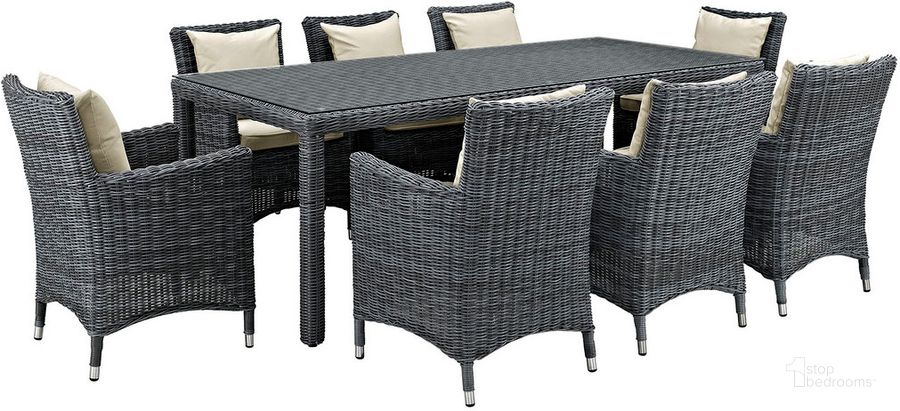 The appearance of Summon 9-Piece Outdoor Patio Sunbrella Dining Set In Antique Canvas Beige designed by Modway in the modern / contemporary interior design. This antique canvas beige piece of furniture  was selected by 1StopBedrooms from Summon Collection to add a touch of cosiness and style into your home. Sku: EEI-2331-GRY-BEI-SET. Material: Rattan. Table Top Shape: Rectangular. Product Type: Outdoor Dining Set. Image1