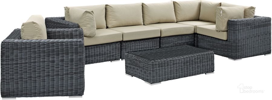 The appearance of Summon Canvas Antique Beige 7 Piece Outdoor Patio Sunbrella Sectional Set EEI-1892-GRY-BEI-SET designed by Modway in the modern / contemporary interior design. This canvas antique beige piece of furniture  was selected by 1StopBedrooms from Summon Collection to add a touch of cosiness and style into your home. Sku: EEI-1892-GRY-BEI-SET. Material: Rattan. Product Type: Outdoor Sectional. Image1