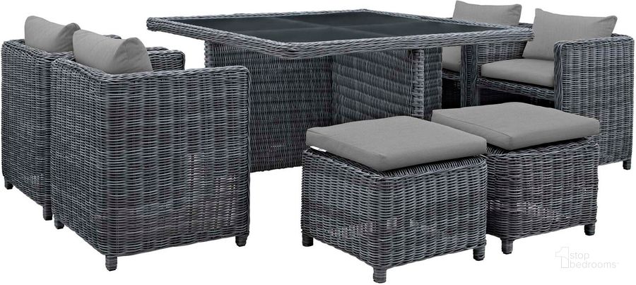 The appearance of Summon Canvas Gray 9 Piece Outdoor Patio Sunbrella Dining Set designed by Modway in the modern / contemporary interior design. This canvas gray piece of furniture  was selected by 1StopBedrooms from Summon Collection to add a touch of cosiness and style into your home. Sku: EEI-1947-GRY-GRY-SET. Table Base Style: Pedestal. Table Top Shape: Square. Material: Rattan. Product Type: Outdoor Dining Set. Image1