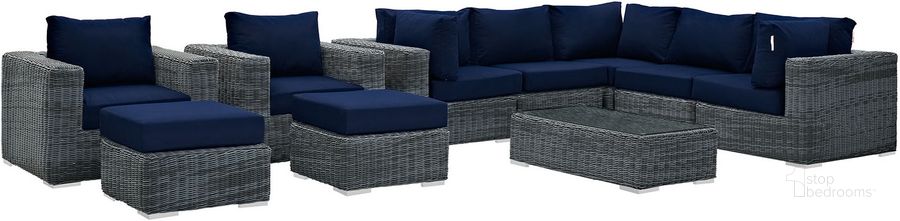 The appearance of Summon Canvas Navy 10 Piece Outdoor Patio Sunbrella Sectional Set designed by Modway in the modern / contemporary interior design. This canvas navy piece of furniture  was selected by 1StopBedrooms from Summon Collection to add a touch of cosiness and style into your home. Sku: EEI-1902-GRY-NAV-SET. Material: Rattan. Product Type: Outdoor Sectional. Image1