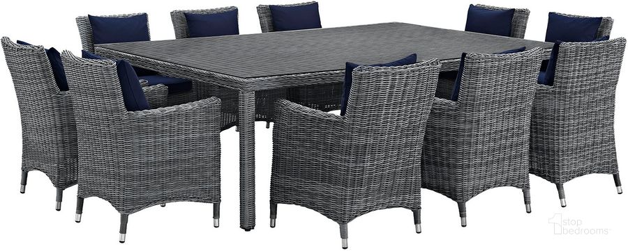 The appearance of Summon Canvas Navy 11 Piece Outdoor Patio Sunbrella Dining Set designed by Modway in the modern / contemporary interior design. This canvas navy piece of furniture  was selected by 1StopBedrooms from Summon Collection to add a touch of cosiness and style into your home. Sku: EEI-2333-GRY-NAV-SET. Table Base Style: Legs. Material: Rattan. Table Top Shape: Rectangular. Product Type: Outdoor Dining Set. Image1