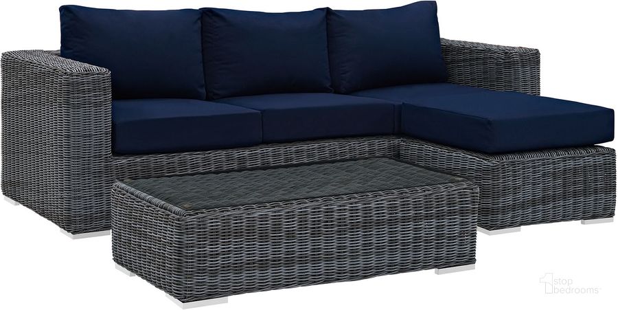 The appearance of Summon Canvas Navy 3 Piece Outdoor Patio Sunbrella Sectional Set EEI-1903-GRY-NAV-SET designed by Modway in the modern / contemporary interior design. This canvas navy piece of furniture  was selected by 1StopBedrooms from Summon Collection to add a touch of cosiness and style into your home. Sku: EEI-1903-GRY-NAV-SET. Material: Rattan. Product Type: Outdoor Sectional. Image1