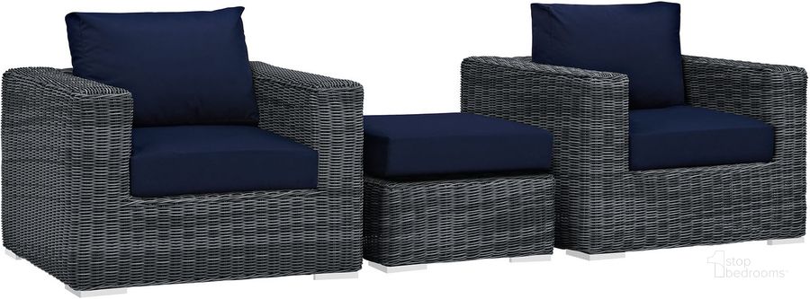The appearance of Summon Canvas Navy 3 Piece Outdoor Patio Sunbrella Sectional Set EEI-1905-GRY-NAV-SET designed by Modway in the modern / contemporary interior design. This navy piece of furniture  was selected by 1StopBedrooms from Summon Collection to add a touch of cosiness and style into your home. Sku: EEI-1905-GRY-NAV-SET. Material: Rattan. Product Type: Outdoor Sectional. Image1