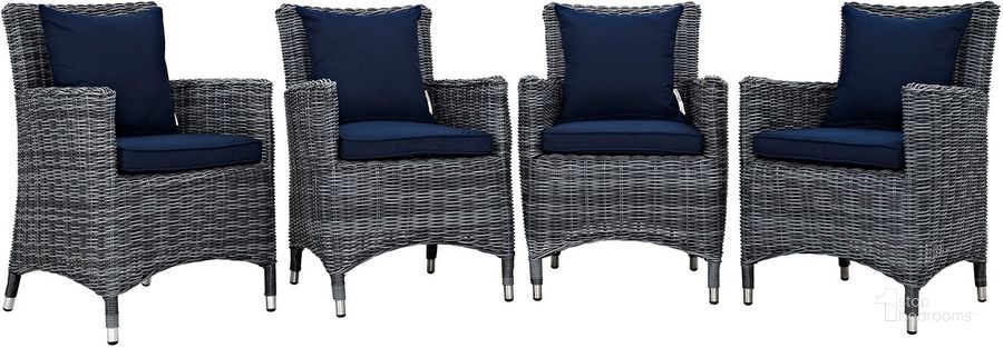 The appearance of Summon Canvas Navy 4 Piece Outdoor Patio Sunbrella Dining Set designed by Modway in the modern / contemporary interior design. This canvas navy piece of furniture  was selected by 1StopBedrooms from Summon Collection to add a touch of cosiness and style into your home. Sku: EEI-2314-GRY-NAV-SET. Material: Rattan. Product Type: Outdoor Chair. Image1