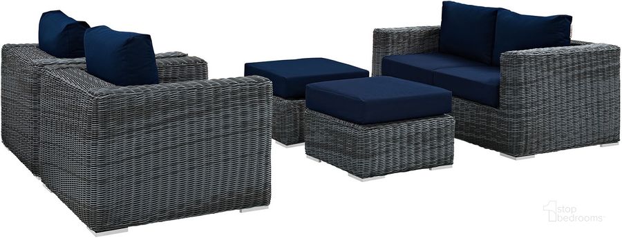 The appearance of Summon Canvas Navy 5 Piece Outdoor Patio Sunbrella Sectional Set EEI-1893-GRY-NAV-SET designed by Modway in the modern / contemporary interior design. This canvas navy piece of furniture  was selected by 1StopBedrooms from Summon Collection to add a touch of cosiness and style into your home. Sku: EEI-1893-GRY-NAV-SET. Material: Rattan. Product Type: Outdoor Sectional. Image1