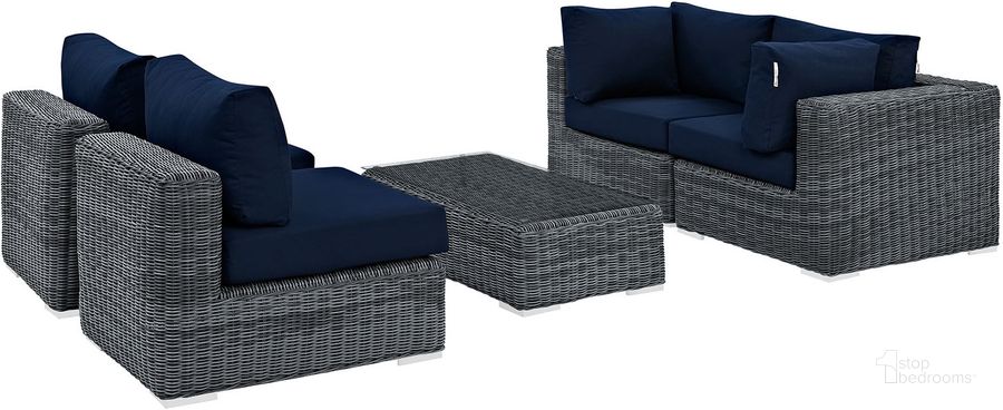 The appearance of Summon Canvas Navy 5 Piece Outdoor Patio Sunbrella Sectional Set EEI-1896-GRY-NAV-SET designed by Modway in the modern / contemporary interior design. This canvas navy piece of furniture  was selected by 1StopBedrooms from Summon Collection to add a touch of cosiness and style into your home. Sku: EEI-1896-GRY-NAV-SET. Material: Rattan. Product Type: Outdoor Sectional. Image1