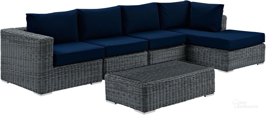 The appearance of Summon Canvas Navy 5 Piece Outdoor Patio Sunbrella Sectional Set EEI-1900-GRY-NAV-SET designed by Modway in the modern / contemporary interior design. This canvas navy piece of furniture  was selected by 1StopBedrooms from Summon Collection to add a touch of cosiness and style into your home. Sku: EEI-1900-GRY-NAV-SET. Material: Rattan. Product Type: Outdoor Sectional. Image1