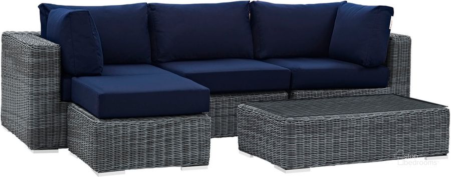The appearance of Summon Canvas Navy 5 Piece Outdoor Patio Sunbrella Sectional Set EEI-1904-GRY-NAV-SET designed by Modway in the modern / contemporary interior design. This canvas navy piece of furniture  was selected by 1StopBedrooms from Summon Collection to add a touch of cosiness and style into your home. Sku: EEI-1904-GRY-NAV-SET. Material: Rattan. Product Type: Outdoor Sectional. Image1