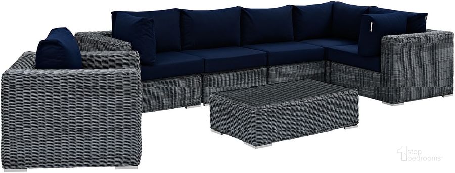 The appearance of Summon Canvas Navy 7 Piece Outdoor Patio Sunbrella Sectional Set EEI-1892-GRY-NAV-SET designed by Modway in the modern / contemporary interior design. This canvas navy piece of furniture  was selected by 1StopBedrooms from Summon Collection to add a touch of cosiness and style into your home. Sku: EEI-1892-GRY-NAV-SET. Material: Rattan. Product Type: Outdoor Sectional. Image1