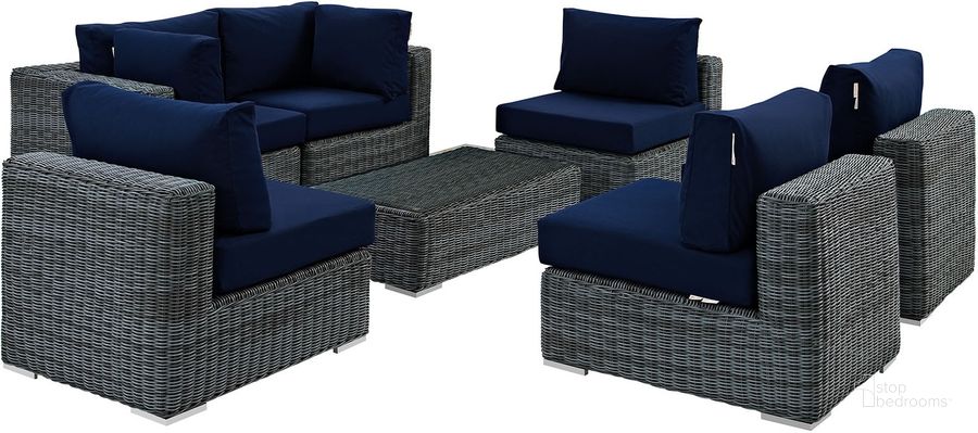 The appearance of Summon Canvas Navy 7 Piece Outdoor Patio Sunbrella Sectional Set EEI-1897-GRY-NAV-SET designed by Modway in the modern / contemporary interior design. This canvas navy piece of furniture  was selected by 1StopBedrooms from Summon Collection to add a touch of cosiness and style into your home. Sku: EEI-1897-GRY-NAV-SET. Material: Rattan. Product Type: Outdoor Sectional. Image1