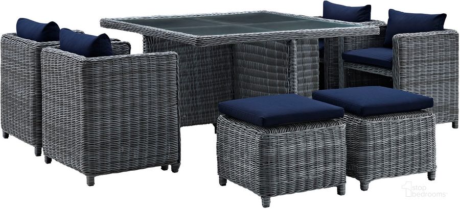The appearance of Summon Canvas Navy 9 Piece Outdoor Patio Sunbrella Dining Set designed by Modway in the modern / contemporary interior design. This canvas navy piece of furniture  was selected by 1StopBedrooms from Summon Collection to add a touch of cosiness and style into your home. Sku: EEI-1947-GRY-NAV-SET. Table Base Style: Pedestal. Table Top Shape: Square. Material: Rattan. Product Type: Outdoor Dining Set. Image1