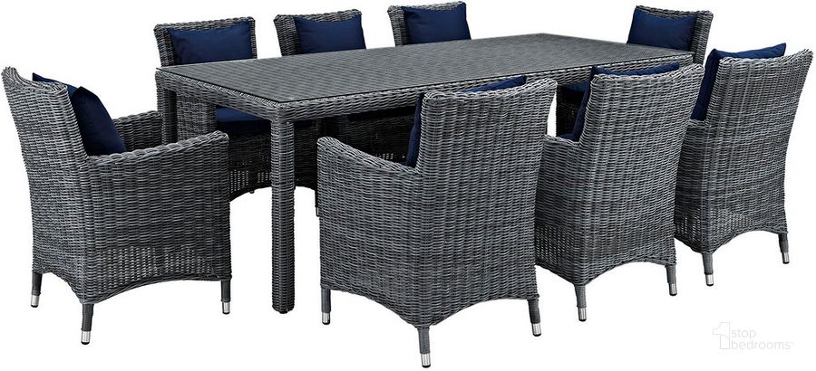 The appearance of Summon 9-Piece Outdoor Patio Sunbrella Dining Set In Canvas Navy designed by Modway in the modern / contemporary interior design. This canvas navy piece of furniture  was selected by 1StopBedrooms from Summon Collection to add a touch of cosiness and style into your home. Sku: EEI-2331-GRY-NAV-SET. Material: Rattan. Product Type: Outdoor Dining Set. Image1