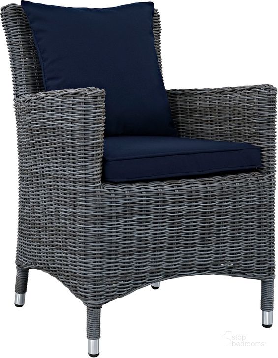 The appearance of Summon Canvas Navy Dining Outdoor Patio Sunbrella Arm Chair designed by Modway in the modern / contemporary interior design. This canvas navy piece of furniture  was selected by 1StopBedrooms from Summon Collection to add a touch of cosiness and style into your home. Sku: EEI-1935-GRY-NAV. Material: Rattan. Product Type: Outdoor Dining Chair. Image1
