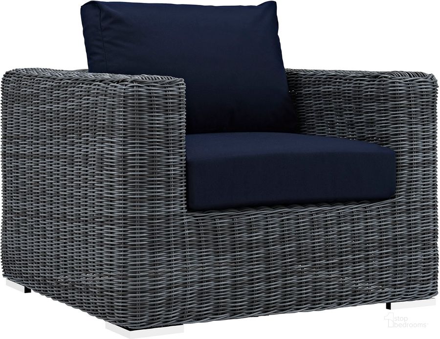 The appearance of Summon Canvas Navy Outdoor Patio Fabric Sunbrella Arm Chair designed by Modway in the modern / contemporary interior design. This canvas navy piece of furniture  was selected by 1StopBedrooms from Summon Collection to add a touch of cosiness and style into your home. Sku: EEI-1864-GRY-NAV. Material: Steel. Product Type: Outdoor Dining Chair. Image1