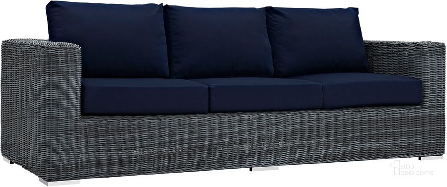 The appearance of Summon Canvas Navy Outdoor Patio Sunbrella Sofa designed by Modway in the modern / contemporary interior design. This canvas navy piece of furniture  was selected by 1StopBedrooms from Summon Collection to add a touch of cosiness and style into your home. Sku: EEI-1874-GRY-NAV. Material: Rattan. Product Type: Outdoor Sofa & Loveseat. Image1