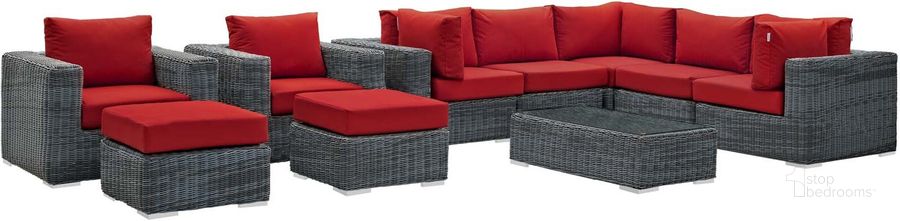 The appearance of Summon Canvas Red 10 Piece Outdoor Patio Sunbrella Sectional Set designed by Modway in the modern / contemporary interior design. This canvas red piece of furniture  was selected by 1StopBedrooms from Summon Collection to add a touch of cosiness and style into your home. Sku: EEI-1902-GRY-RED-SET. Material: Rattan. Product Type: Outdoor Sectional. Image1