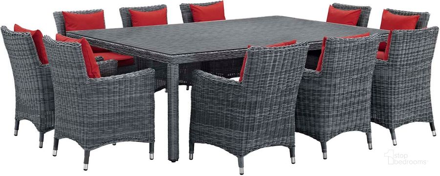 The appearance of Summon Canvas Red 11 Piece Outdoor Patio Sunbrella Dining Set designed by Modway in the modern / contemporary interior design. This canvas red piece of furniture  was selected by 1StopBedrooms from Summon Collection to add a touch of cosiness and style into your home. Sku: EEI-2333-GRY-RED-SET. Table Base Style: Legs. Material: Rattan. Table Top Shape: Rectangular. Product Type: Outdoor Dining Set. Image1