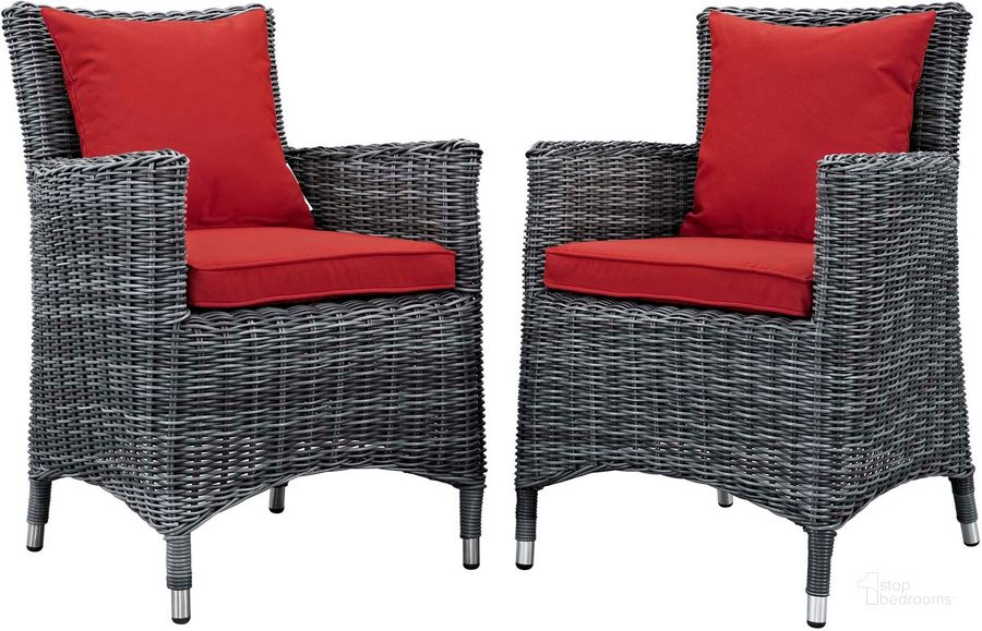 The appearance of Summon Canvas Red 2 Piece Outdoor Patio Sunbrella Dining Set designed by Modway in the modern / contemporary interior design. This canvas red piece of furniture  was selected by 1StopBedrooms from Summon Collection to add a touch of cosiness and style into your home. Sku: EEI-2313-GRY-RED-SET. Material: Rattan. Product Type: Outdoor Chair. Image1