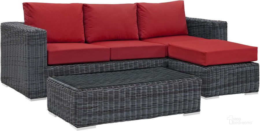 The appearance of Summon Canvas Red 3 Piece Outdoor Patio Sunbrella Sectional Set EEI-1903-GRY-RED-SET designed by Modway in the modern / contemporary interior design. This canvas red piece of furniture  was selected by 1StopBedrooms from Summon Collection to add a touch of cosiness and style into your home. Sku: EEI-1903-GRY-RED-SET. Material: Rattan. Product Type: Outdoor Sectional. Image1