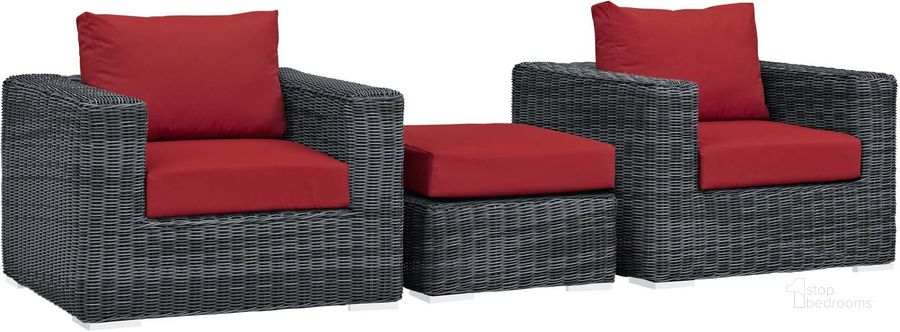 The appearance of Summon Canvas Red 3 Piece Outdoor Patio Sunbrella Sectional Set EEI-1905-GRY-RED-SET designed by Modway in the modern / contemporary interior design. This canvas red piece of furniture  was selected by 1StopBedrooms from Summon Collection to add a touch of cosiness and style into your home. Sku: EEI-1905-GRY-RED-SET. Material: Rattan. Product Type: Outdoor Sectional. Image1