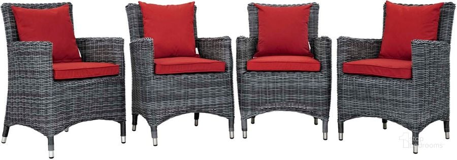 The appearance of Summon Canvas Red 4 Piece Outdoor Patio Sunbrella Dining Set designed by Modway in the modern / contemporary interior design. This canvas red piece of furniture  was selected by 1StopBedrooms from Summon Collection to add a touch of cosiness and style into your home. Sku: EEI-2314-GRY-RED-SET. Material: Rattan. Product Type: Outdoor Chair. Image1