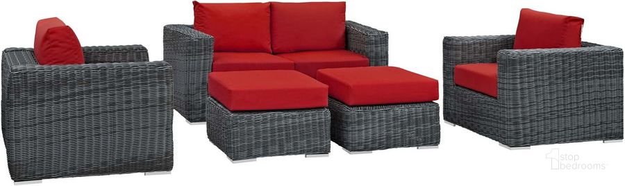 The appearance of Summon Canvas Red 5 Piece Outdoor Patio Sunbrella Sectional Set EEI-1893-GRY-RED-SET designed by Modway in the modern / contemporary interior design. This canvas red piece of furniture  was selected by 1StopBedrooms from Summon Collection to add a touch of cosiness and style into your home. Sku: EEI-1893-GRY-RED-SET. Material: Rattan. Product Type: Outdoor Sectional. Image1