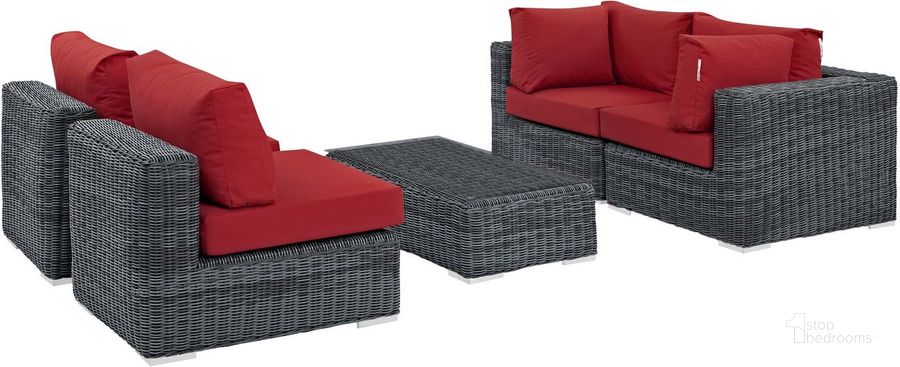 The appearance of Summon Canvas Red 5 Piece Outdoor Patio Sunbrella Sectional Set EEI-1896-GRY-RED-SET designed by Modway in the modern / contemporary interior design. This canvas red piece of furniture  was selected by 1StopBedrooms from Summon Collection to add a touch of cosiness and style into your home. Sku: EEI-1896-GRY-RED-SET. Material: Rattan. Product Type: Outdoor Sectional. Image1