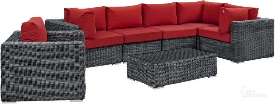 The appearance of Summon Canvas Red 7 Piece Outdoor Patio Sunbrella Sectional Set EEI-1892-GRY-RED-SET designed by Modway in the modern / contemporary interior design. This canvas red piece of furniture  was selected by 1StopBedrooms from Summon Collection to add a touch of cosiness and style into your home. Sku: EEI-1892-GRY-RED-SET. Material: Rattan. Product Type: Outdoor Sectional. Image1