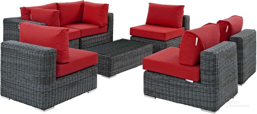 The appearance of Summon Canvas Red 7 Piece Outdoor Patio Sunbrella Sectional Set EEI-1897-GRY-RED-SET designed by Modway in the modern / contemporary interior design. This canvas red piece of furniture  was selected by 1StopBedrooms from Summon Collection to add a touch of cosiness and style into your home. Sku: EEI-1897-GRY-RED-SET. Material: Rattan. Product Type: Outdoor Sectional. Image1