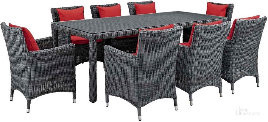 The appearance of Summon 9-Piece Outdoor Patio Sunbrella Dining Set In Canvas Red designed by Modway in the modern / contemporary interior design. This canvas red piece of furniture  was selected by 1StopBedrooms from Summon Collection to add a touch of cosiness and style into your home. Sku: EEI-2331-GRY-RED-SET. Material: Rattan. Product Type: Outdoor Dining Set. Image1