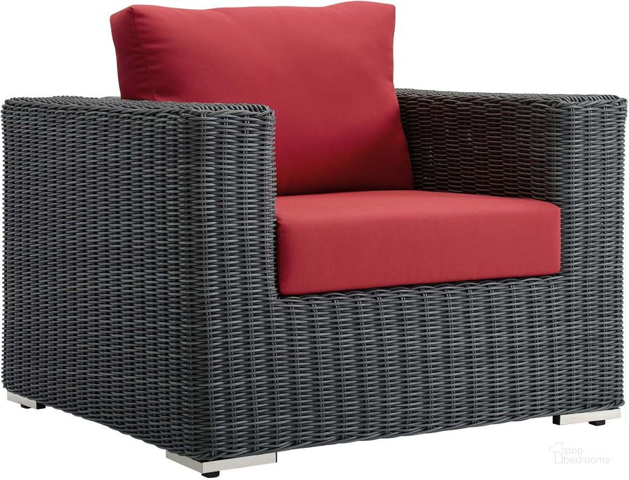 The appearance of Summon Canvas Red Outdoor Patio Fabric Sunbrella Arm Chair designed by Modway in the modern / contemporary interior design. This canvas red piece of furniture  was selected by 1StopBedrooms from Summon Collection to add a touch of cosiness and style into your home. Sku: EEI-1864-GRY-RED. Material: Steel. Product Type: Outdoor Dining Chair. Image1