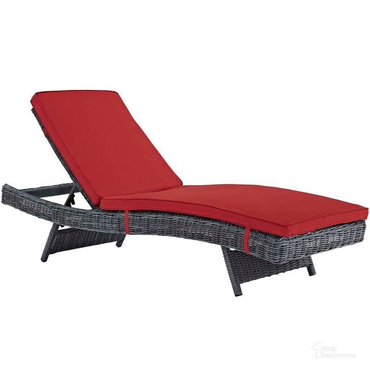 The appearance of Summon Outdoor Patio Sunbrella Chaise In Canvas Red designed by Modway in the modern / contemporary interior design. This canvas red piece of furniture  was selected by 1StopBedrooms from Summon Collection to add a touch of cosiness and style into your home. Sku: EEI-1996-GRY-RED. Material: Rattan. Product Type: Outdoor Chaise Lounge. Image1