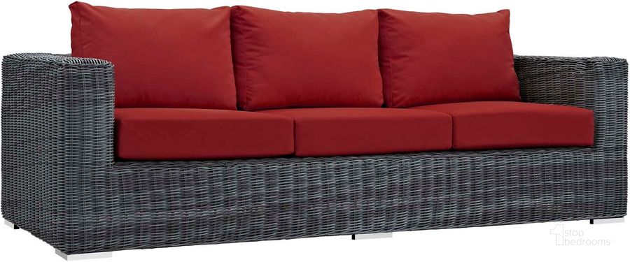 The appearance of Summon Canvas Red Outdoor Patio Sunbrella Sofa designed by Modway in the modern / contemporary interior design. This canvas red piece of furniture  was selected by 1StopBedrooms from Summon Collection to add a touch of cosiness and style into your home. Sku: EEI-1874-GRY-RED. Material: Rattan. Product Type: Outdoor Sofa & Loveseat. Image1