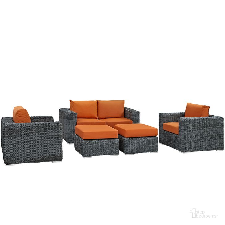The appearance of Summon 5-Piece Outdoor Patio Sunbrella Sectional Set In Canvas Tuscan designed by Modway in the modern / contemporary interior design. This canvas tuscan piece of furniture  was selected by 1StopBedrooms from Summon Collection to add a touch of cosiness and style into your home. Sku: EEI-1893-GRY-TUS-SET. Material: Rattan. Product Type: Outdoor Sectional. Image1
