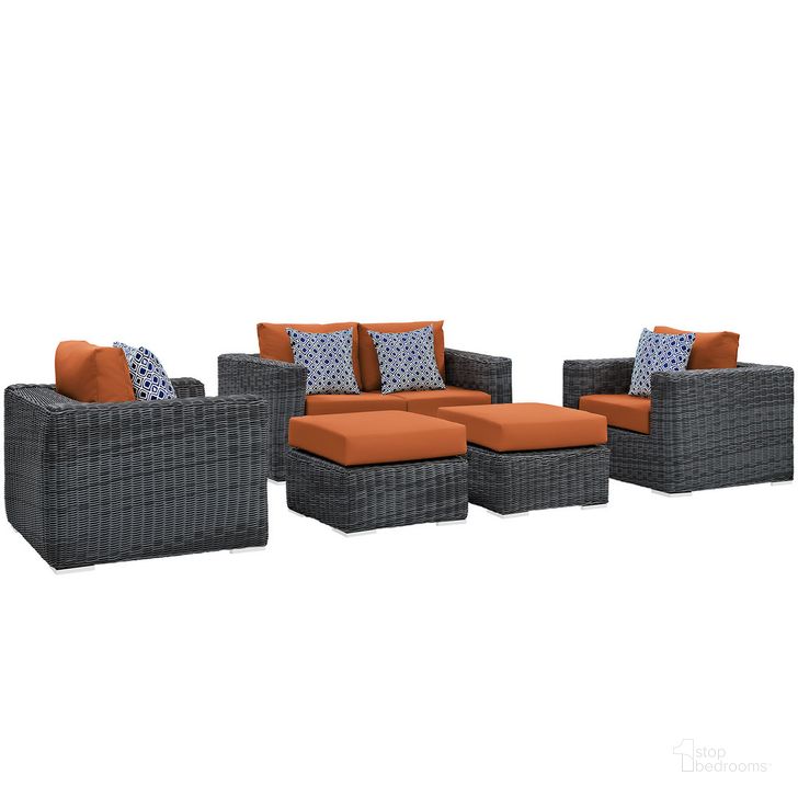 The appearance of Summon 5-Piece Outdoor Patio Sunbrella Sectional Set In Canvas Tuscan designed by Modway in the modern / contemporary interior design. This canvas tuscan piece of furniture  was selected by 1StopBedrooms from Summon Collection to add a touch of cosiness and style into your home. Sku: EEI-2388-GRY-TUS-SET. Material: Rattan. Product Type: Outdoor Sectional. Image1